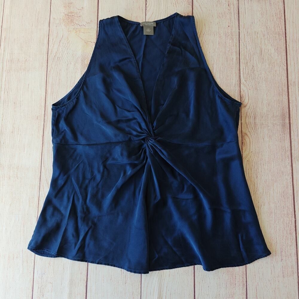 Ann Taylor 100% silk blue twist front sleeveless blouse sz 12P